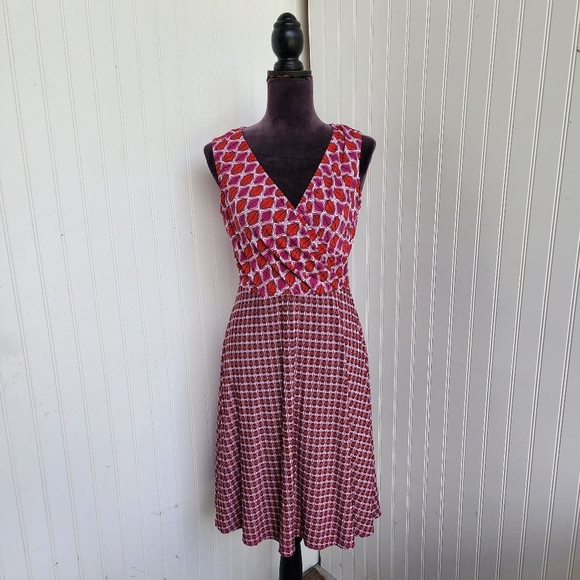 DM Collection Pink Purple Geo Print Faux V-Neck Wrap Dress Sleeveless Midi Sz 6 - Picture 1 of 12